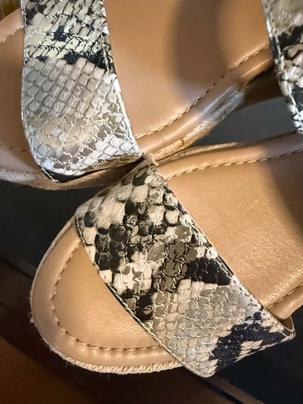 Steve Madden Fifer Snake Print Platform Espadrille Wedge Sandals Tan Blk Gold 7